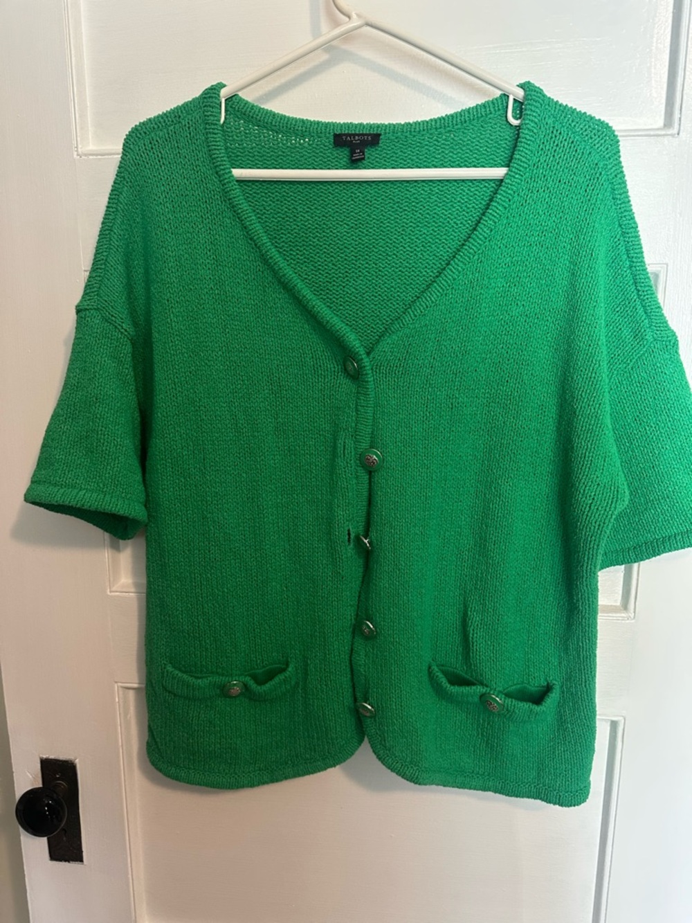 Talbots Kelly Green Short Sleeve V-Neck Button Cardigan